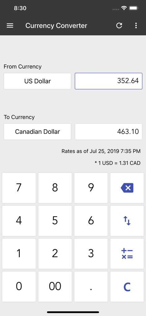 ClevCalc - Calculator - Seamlessly convert between 'From Currency' (US Dollar) and 'To Currency' (Canadian Dollar), with the app automatically applying real-time exchange rates.