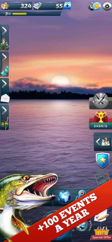 Let's Fish:Sport Fishing Games - Les utilisateurs peuvent explorer une multitude d'activités avec des événements réguliers et des classements visibles, tout en gérant leur progression et leurs récompenses au sein d'un environnement riche.