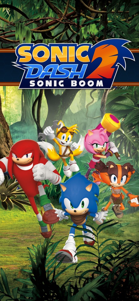 Sonic Dash 2: Sonic Boom - Dieses Bild präsentiert die charismatischen Helden des Spiels wie Sonic und Tails, die sich vor einem dynamischen Dschungelhintergrund präsentieren, der die vielfältigen Umgebungen des Spiels andeutet.