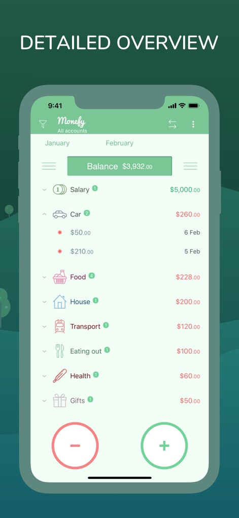Monefy: Money Tracker - Users can effortlessly navigate a comprehensive records list, showcasing categorized transactions and their specific amounts.