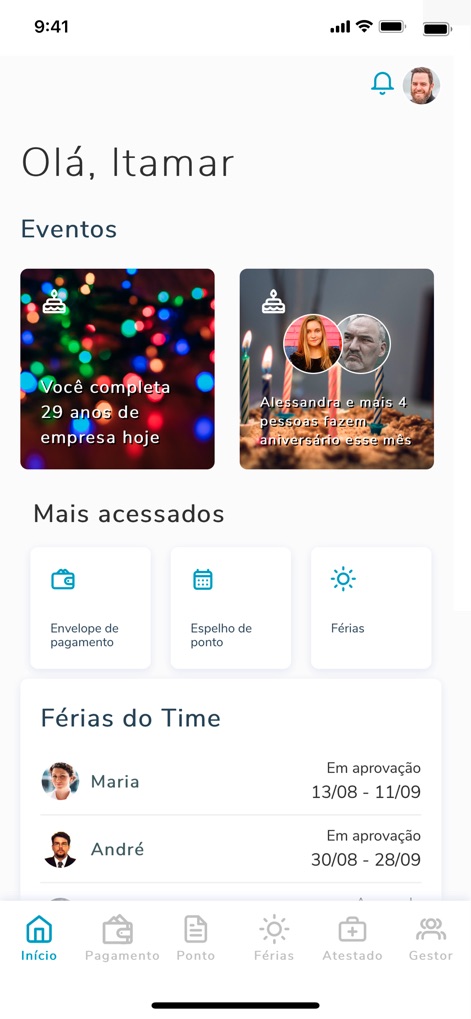 TOTVS My HR - 이 앱은 사용자 맞춤형 환영 메시지와 함께, 중요한 회사 행사 알림 및 팀원의 휴가 승인 대기 목록을 한눈에 제공합니다.