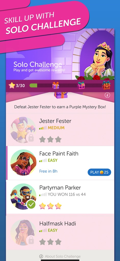 Classic Words With Friends - This mode offers a compelling list of AI opponents with varying difficulty levels, alongside a transparent progress bar for tracking earned rewards.