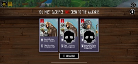 Raiders of the North Sea - This screen reveals the dramatic Valkyrie mechanic, prompting players to sacrifice crew members and showcasing detailed crew card abilities.