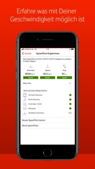 Screenshot von Vodafone SpeedTest auf dem iPhone 1