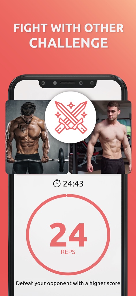Push Up Challenge - Push Ups - L'app offre la possibilità di competere con altri utenti, visualizzando l'icona delle spade incrociate e le "24 REPS" da superare per vincere la sfida.
