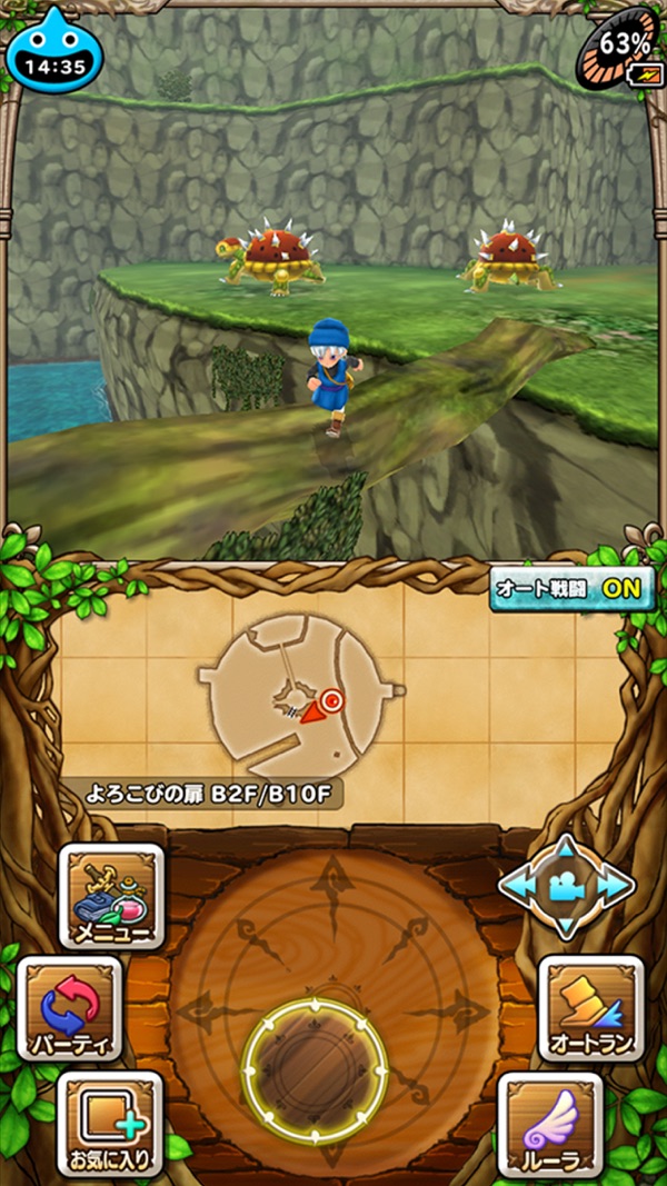 ドラゴンクエストモンスターズ　テリーのワンダーランドSPのダンジョン探索画面、オート戦闘ONの表示とマップ