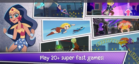 DC Super Hero Girls Blitz - A imagem destaca a Mulher Maravilha em primeiro plano e uma colagem de mini-jogos, com Supergirl e Batgirl em ação, revelando a diversidade de desafios e a personagem principal.