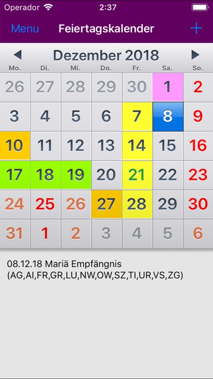 Feiertagskalender 2019 Schweiz
