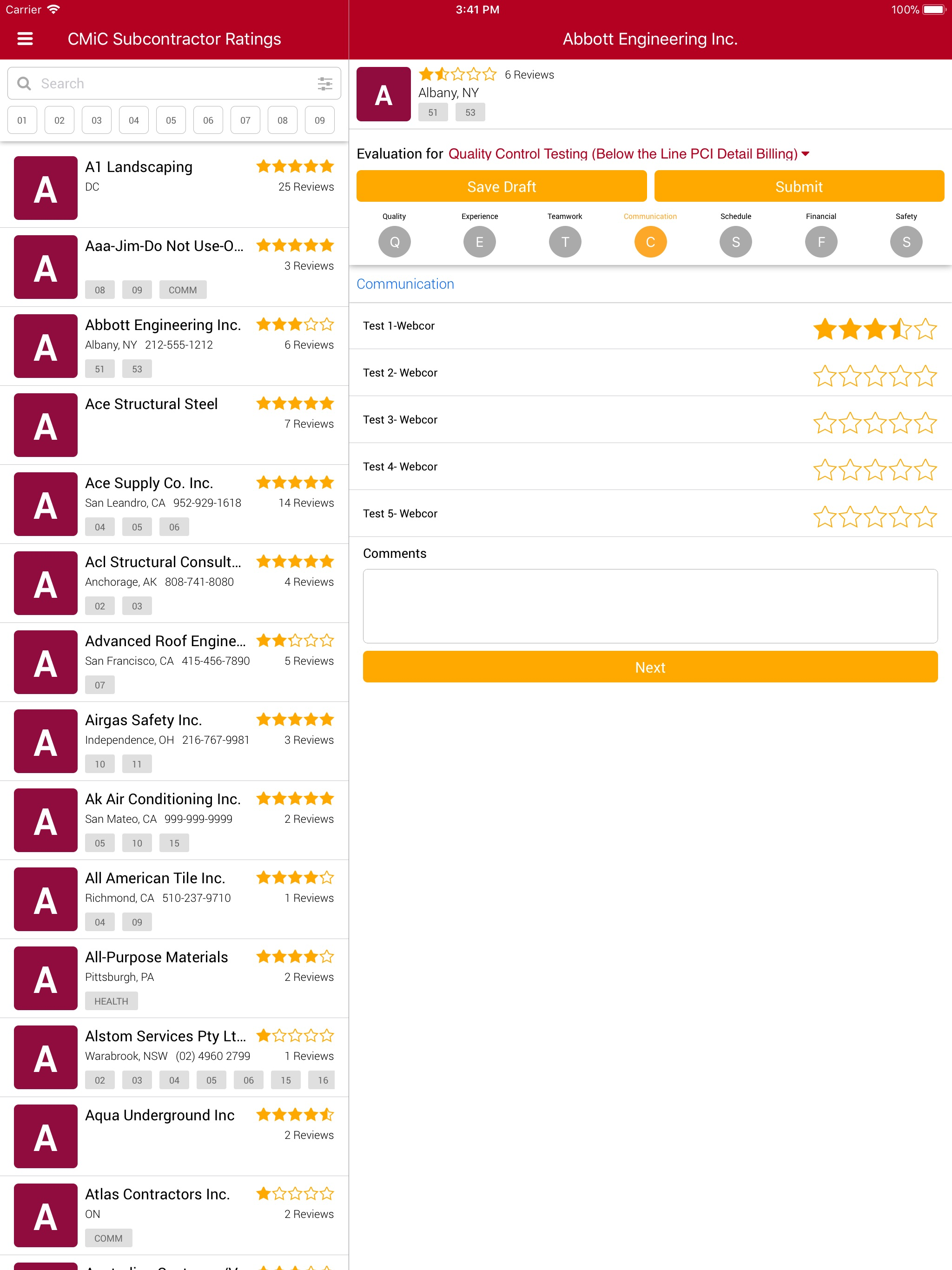 CMiC Subcontractor Rating