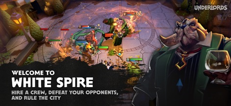 Dota Underlords - Witness the dynamic battlefield with multiple heroes engaged in combat, alongside a commanding Underlord character on the right, setting the stage for strategic encounters.