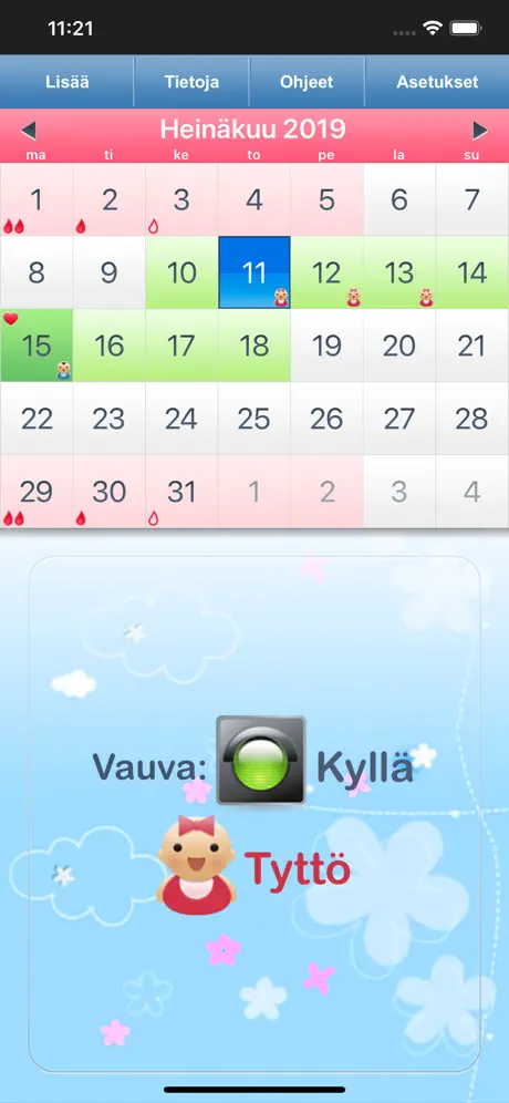 Kuukautiskierron kalenteri.