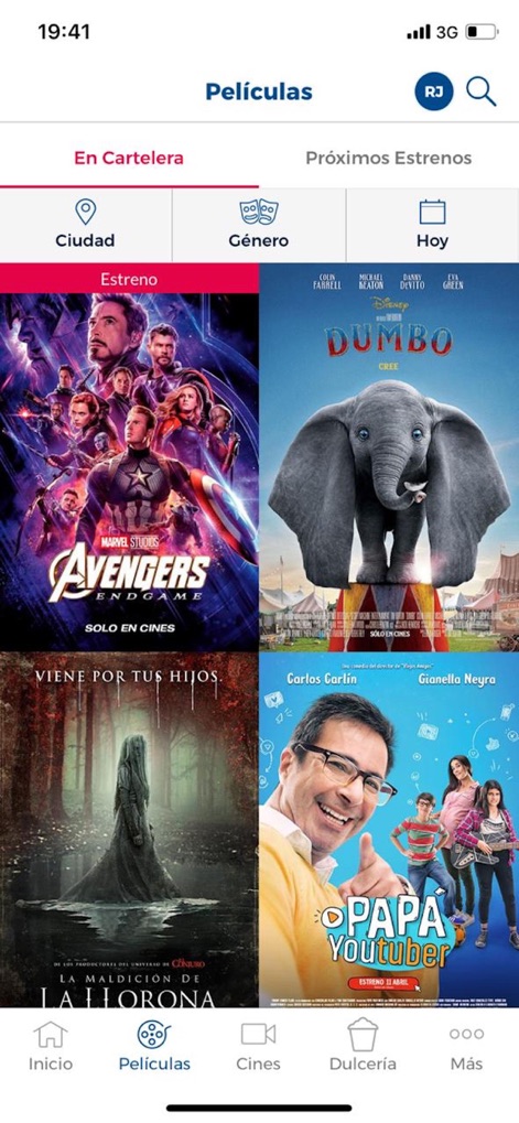Cineplanet Perú - Los usuarios pueden explorar una amplia selección de películas en cartelera, presentadas en una práctica cuadrícula de pósters con pestañas para "En Cartelera" y "Próximos Estrenos".