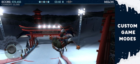 Snowboard Party - This screenshot highlights diverse geographical locations, such as a night-lit Japanese halfpipe, and hints at the "CUSTOM GAME MODES" available for varied event types.