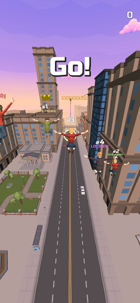 Swing Rider! - The app immediately plunges players into a competitive race, showcasing multiple characters vying for position amidst towering city buildings.