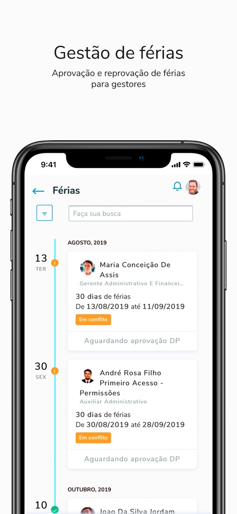TOTVS My HR - 관리자는 이 도구를 통해 팀원의 휴가 요청을 손쉽게 검토하며, 각 요청의 승인 상태와 잠재적인 휴가 기간 충돌을 확인할 수 있습니다.