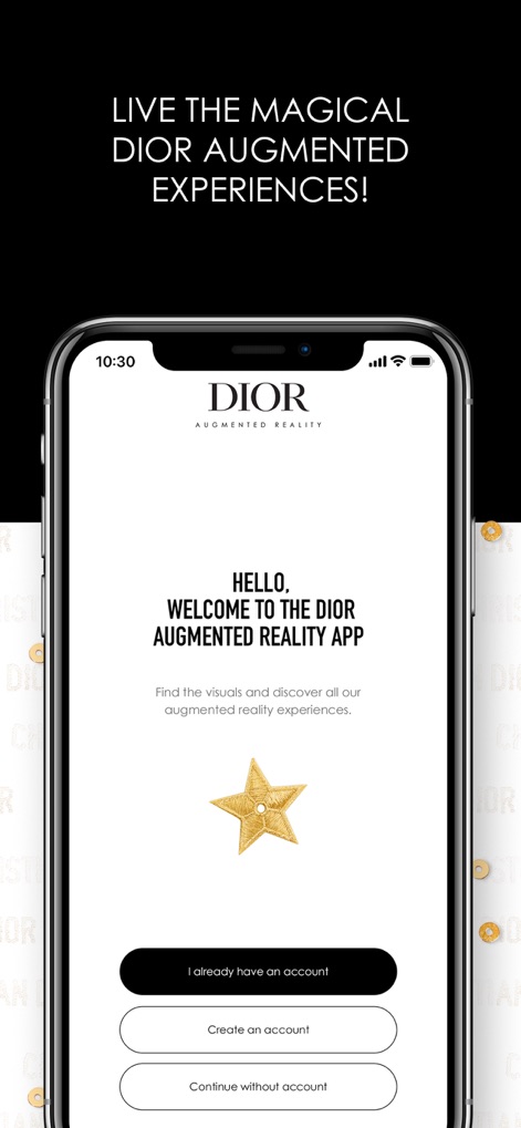 Dior AR Experience - A tela inicial do aplicativo convida os usuários com a elegante marca Dior, apresentando um convite claro para explorar experiências de RA, evidenciado pelo brilhante ícone de estrela dourada e as opções intuitivas de login ou registro.