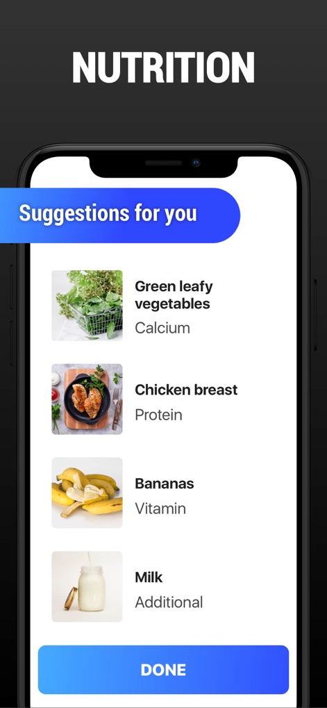 Teen Workout & Meal Plan - The app offers tailored "NUTRITION" "Suggestions for you", highlighting essential ingredients like "Green leafy vegetables (Calcium)" and "Chicken breast (Protein)" for optimal health.
