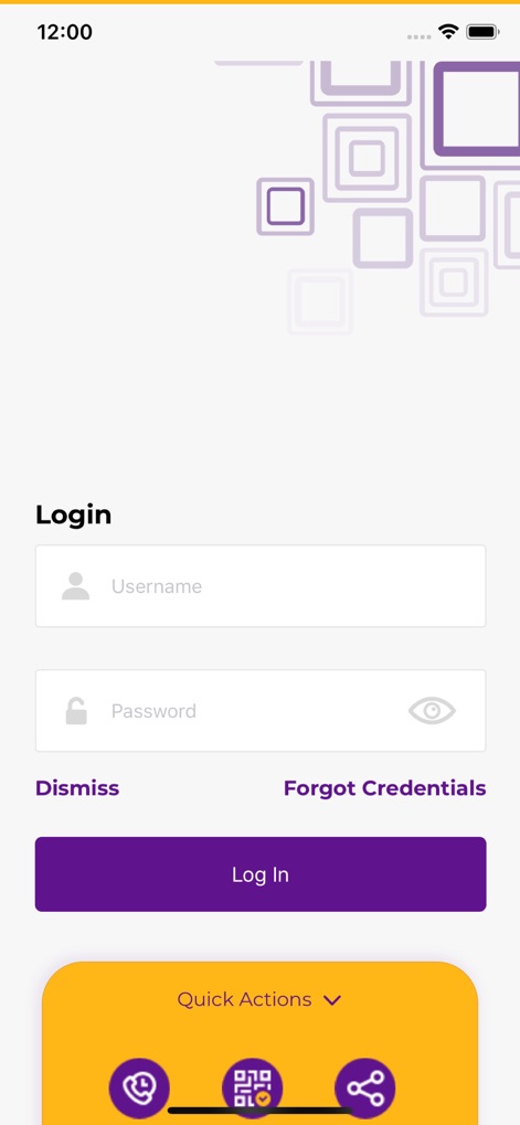 FCMB Mobile - La interfaz de inicio de sesión garantiza un acceso seguro, presentando campos claros para el nombre de usuario y la contraseña con un ícono de visibilidad, además de opciones de "Quick Actions" (Acciones Rápidas) en la parte inferior.
