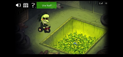 Troll Face Quest Horror - This scene features a Jigsaw-like character on a tricycle overlooking a daunting pit filled with countless syringes, illustrating the game's dark humor and direct horror film parodies.