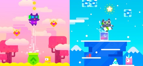 Super Phantom Cat 2 - 사용자는 보랏빛 고양이 캐릭터와 분홍색 숲을 탐험하거나, 눈 덮인 얼음 플랫폼에서 반짝이는 별을 향해 나아갑니다.