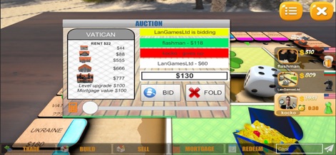 Rento - Online Dice Board Game - Users can engage in dynamic property auctions, where an interactive bidding interface allows strategic offers and displays rival players' actions.
