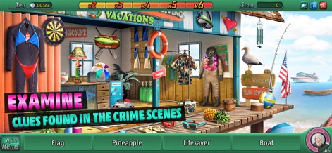 Criminal Case: Pacific Bay - L'application met en scène des environnements variés où les utilisateurs doivent examiner chaque recoin pour trouver des indices, qu'il s'agisse de la bouée de sauvetage ou de l'ananas caché, pour progresser dans l'enquête.