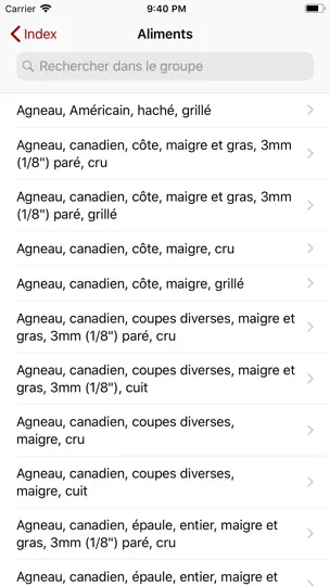 Capture d'écran de Nutriments Canada sur iPhone 3