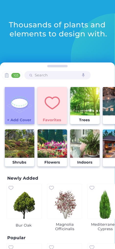 iScape: Landscape Design - Explore an extensive catalog of thousands of plants and landscape elements, organized by categories like "Trees" and "Flowers" for streamlined selection.