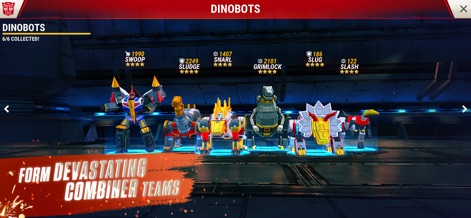 Transformers: Earth Wars - Users can explore the extensive roster of iconic Dinobot characters, each displayed with detailed power ratings, to assemble powerful combiner teams for tactical advantage.