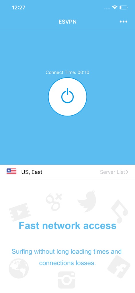 VPN Proxy -Unlimited Super VPN - This view confirms an active VPN connection, displaying the elapsed 'Connect Time' for user awareness and the currently active server location for reassurance.