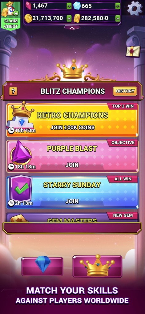 Bejeweled Blitz - Los usuarios pueden competir en el listado de torneos de Blitz Champions, donde las recompensas de la corona y la variedad de desafíos garantizan una experiencia competitiva global.