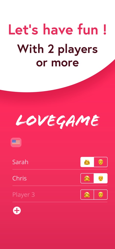 Sex & Love Game for Couple 18+ - The app simplifies group play with intuitive multi-player input fields for adding participants, complemented by emoji selectors for gender and orientation customization.