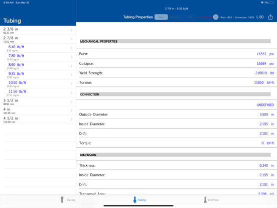Oil Well PIPES Strengths Table iPad screenshot 4 - Productivity app