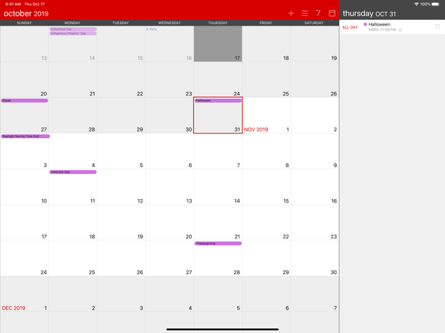 Captura de pantalla del calendario de Calvetica