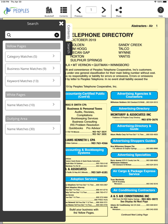 Peoples Telephone YP iPad screenshot