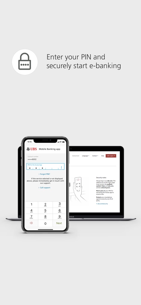 UBS Access – secure login - Users can securely initiate their e-banking session by entering a personalized PIN on the on-screen numeric keypad provided by the app.