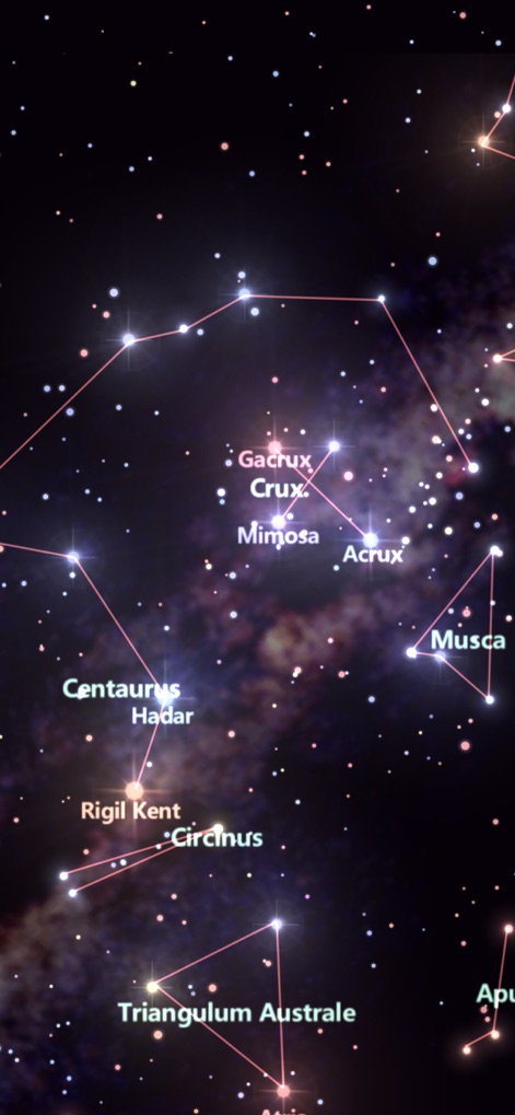 Star Tracker Lite-Live Sky Map - Discover the iconic Crux constellation, highlighting key stars like Gacrux and Acrux, alongside other stellar neighbors.