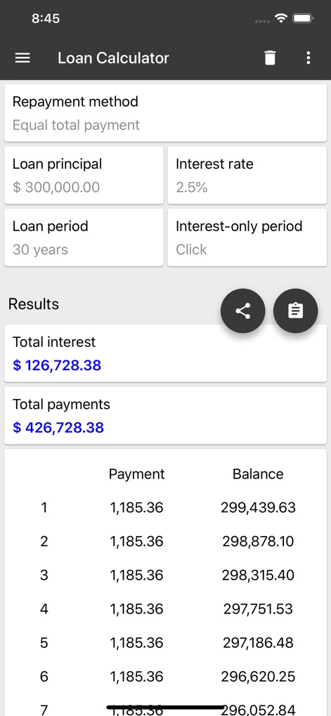 ClevCalc - Calculator - Accurately plan finances by entering the 'Loan principal' and 'Interest rate', receiving detailed 'Results' for total interest and overall payments.