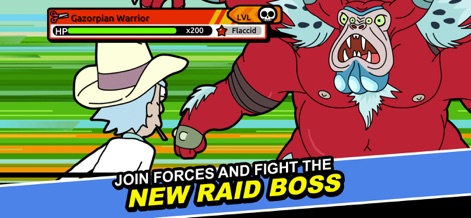 Rick and Morty: Pocket Mortys - Questa immagine illustra gli scontri con potenti boss di raid, dove gli utenti possono unire le forze per affrontare creature imponenti come il "Gazorpian Warrior", visualizzando la sua salute tramite la barra HP.