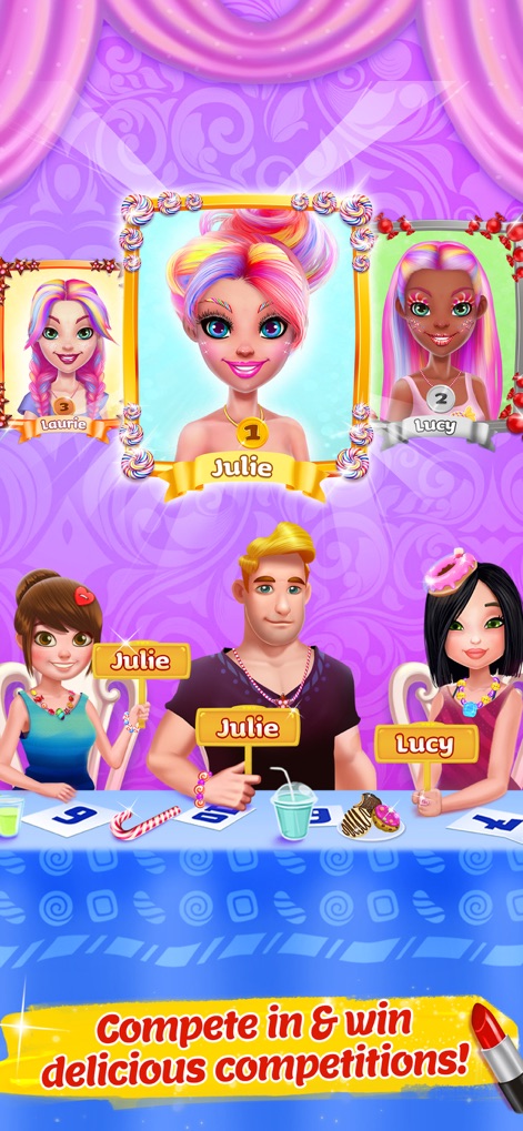 Candy Makeup Beauty Game - O aplicativo permite aos usuários participar de emocionantes competições, exibindo concorrentes com looks temáticos de doces e um painel de juízes avaliando as criações em um cenário divertido e decorado.