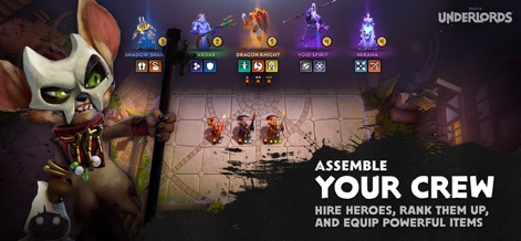 Dota Underlords - Discover the hero selection interface displaying individual character statistics and powerful alliance synergies, essential for building an unstoppable team.