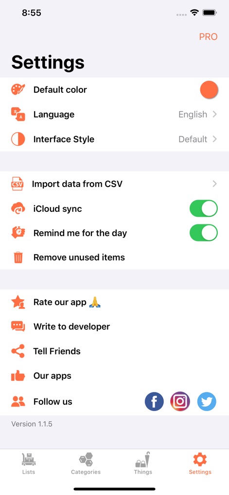 ToPack: Trip Packing Checklist - このアプリは、ユーザーがCSVからのデータインポートやiCloud同期を有効にできる設定を提供し、さらにリマインダー機能やSNSを通じたアプリの共有オプションも備えています。