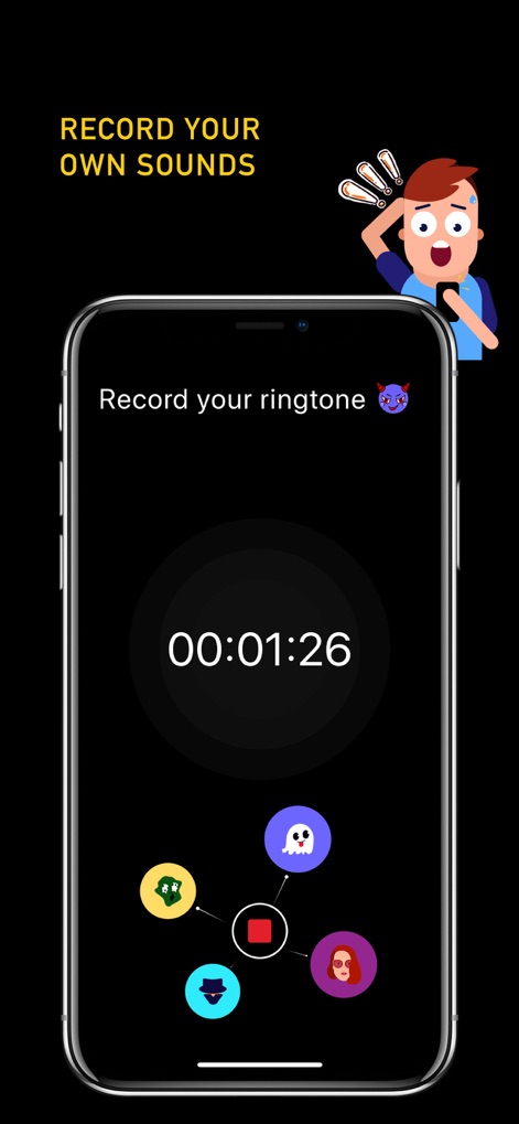 Ringtone Maker + - Capture unique personal sounds for ringtones using the integrated recording feature, highlighted by the prominent record button and time duration display.