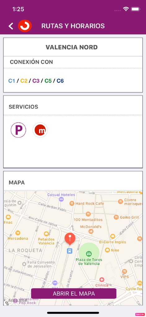 Renfe Cercanias - L'applicazione fornisce dettagli approfonditi per "VALENCIA NORD", mostrando le "CONEXIÓN CON" altre linee e una sezione "MAPA" integrata per visualizzare la posizione precisa.