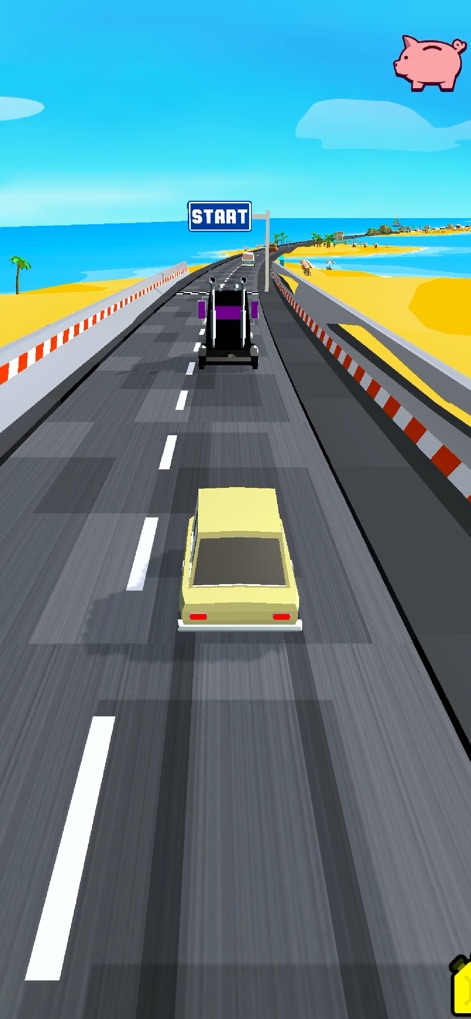 OverTake - The app immediately immerses players in vibrant racing, showcasing the clear "START" sign and inviting coastal scenery for an immediate fun experience.