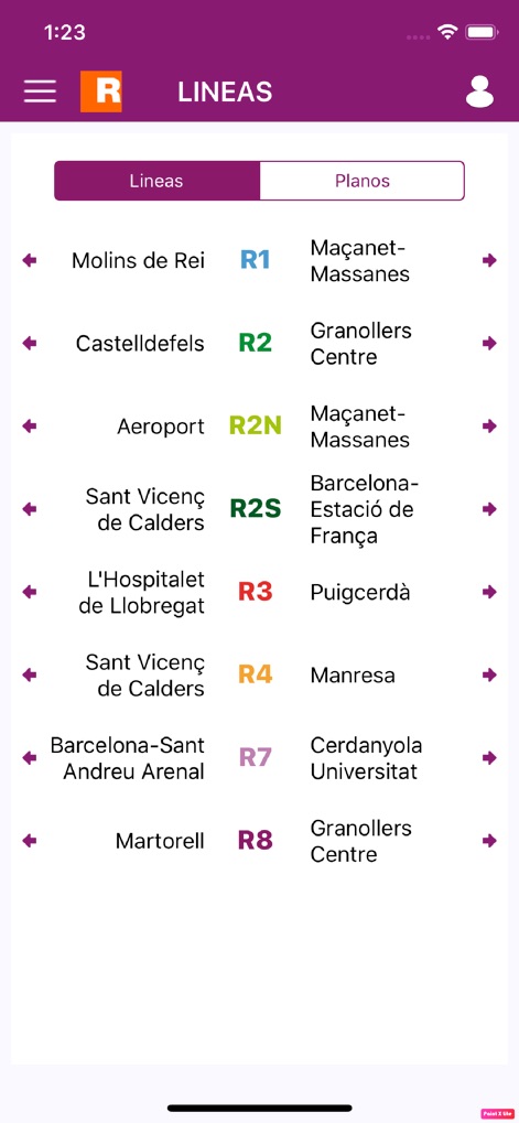 Renfe Cercanias - L'app visualizza un elenco dettagliato delle "Lineas" disponibili, ciascuna con il proprio codice ("R1", "R2N") e le stazioni di inizio e fine, facilitando la consultazione rapida.