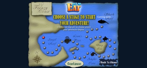 Let Me Eat : Feeding Frenzy - This screen reveals the 'Frenzy Coast' map, allowing users to select their adventure's starting point from various stage pins.