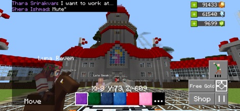 Builder Buddies Craft & Mine R - Explore the app's sprawling environments, showcasing both grand architectural wonders and unique player transportation options like riding a horse.