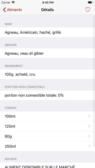 Capture d'écran de Nutriments Canada sur iPhone 4