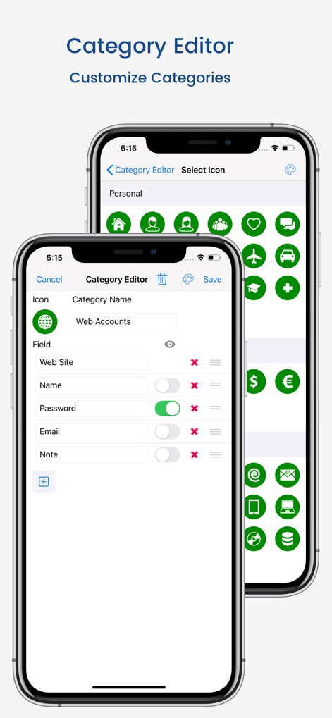 aWallet Cloud Password Manager - Através do editor, os usuários podem personalizar 'Category Name' e 'Icon' para cada categoria, ajustando os campos que aparecem nas entradas, como 'Web Site' e 'Password'.